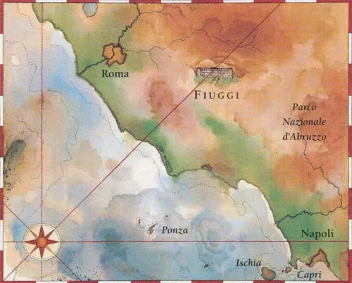Карта побережья Италии и части Тирренского моря с указанием городов Рим, Неаполь, Фьюджи